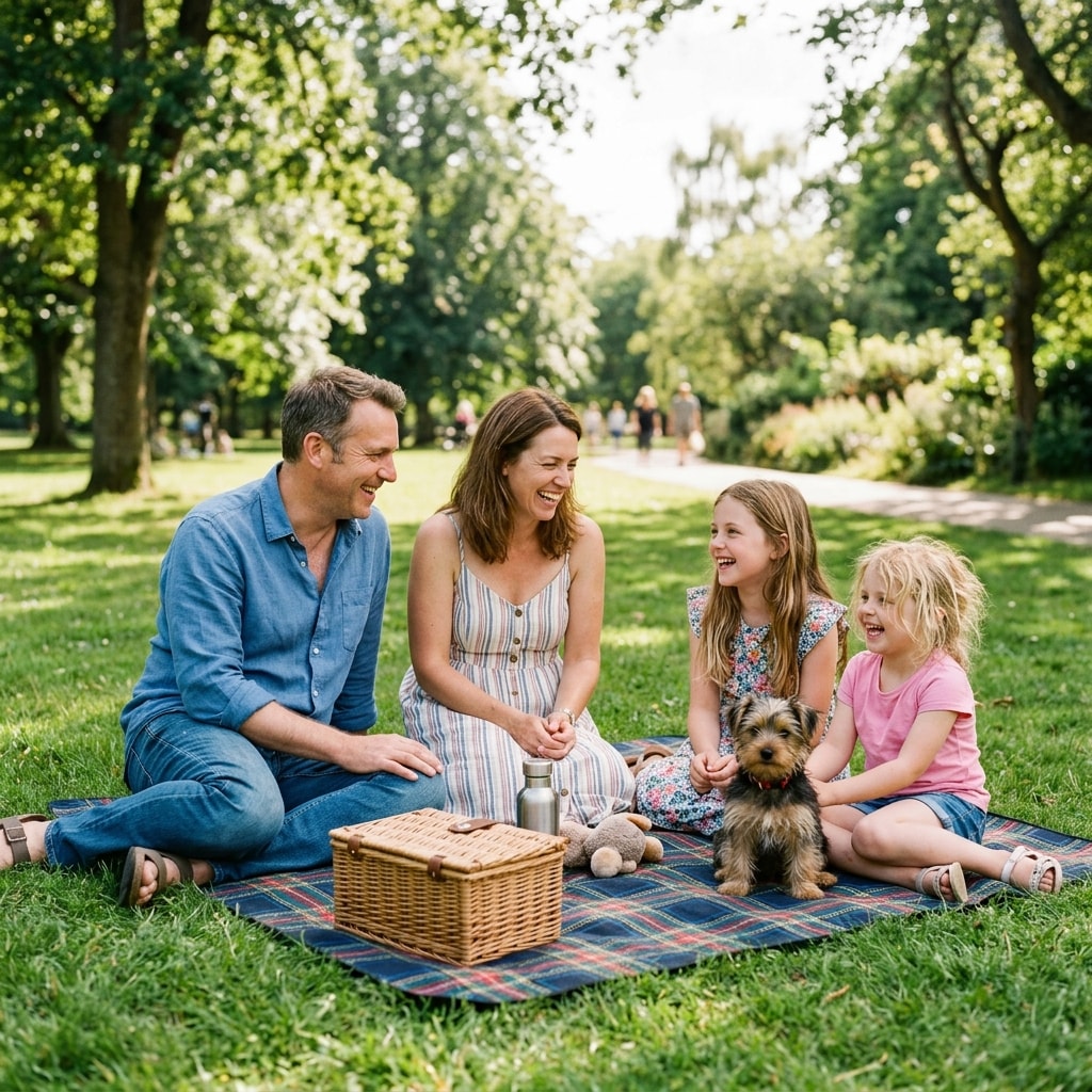Foto real de uma família fazendo piquenique no parque